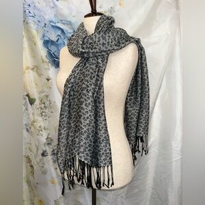 Elegant Gray Leopard Print Scarf 66” long 28” wide 70% pashmina 30% silk